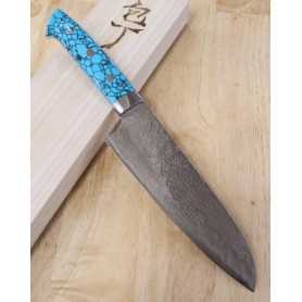 Japanese santoku Knife - TAKESHI SAJI - Stainless Damascus R2 Steel diamond finish - blue turquoise Handle - Size: 18cm