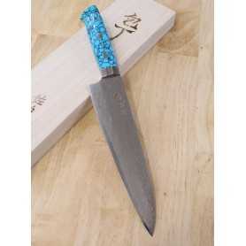 Japanese chef Knife gyuto - TAKESHI SAJI - Stainless Damascus R2 Steel diamond finish - blue turquoise Handle - Size: 21cm