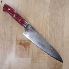 Cuchillo de chef japonés - TAKESHI SAJI - Acero Damasco R2 acabado diamante - Mango rojo turquesa - Tamaño: 21cm