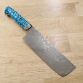 Japanese knife nakiri TAKESHI SAJI - Damascus R2 diamond finish -Blue turquoise- Size:18cm