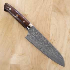 Cuchillo Japonés Santoku - TAKESHI SAJI - Acero Damasco en Niquel - R2 - Mango del Ironwood - Tam: 18cm