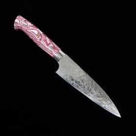 Cuchillo japonés petty - TAKESHI SAJI - Damasco R2 acabado diamante - rojo y blanco turquesa - Tamaño:13.5/15cm