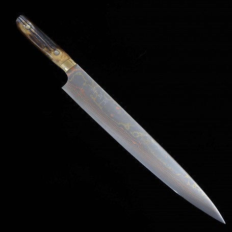 Cuchillo Japonés sujihiki - TAKESHI SAJI - Acero Azul No.2 Damasco - Color - Mango de cuerno de ciervo marrón - Tamaño: 27cm