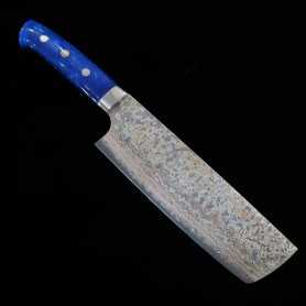 Cuchillo japonés nakiri - TAKESHI SAJI - Acero inoxidable VG-10 Damasco - Color -azul acrílico- Tamaño:17cm