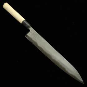 Cuchillo Japonés Sujihiki -Miyazaki Kajiya- Carbono Blanco No2 Hierro Suave Revestido Damasco -Tsubaki - Tamaño:27cm
