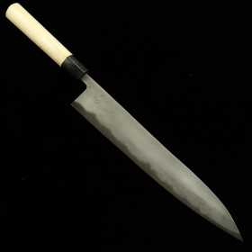 Cuchillo Japonés Sujihiki -Miyazaki Kajiya- Carbono Azul No2 Hierro Suave Revestido Damasco -Tsubaki - Tamaño:27cm