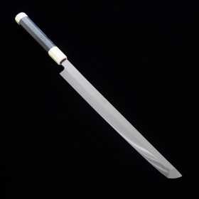 Cuchillo Japonés Sakimaru Takohiki - SUISIN - Yoshikazu Ikeda - Fuji Honyaki - Carbono blanco 3 - mango ébano - 30cm