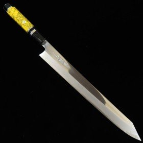 japanese Kiritsuke Sujihiki/Slicer knife - TADOKORO - Blue carbon 2 - Mirror Finish - Custom handle - Yellow - size: 30cm