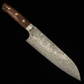 Cuchillo Japonés Santoku - TAKESHI SAJI - Acero Damasco en Niquel - R2 - Mango del Ironwood - Tam: 18cm