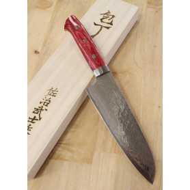 Cuchillo santoku japonés - TAKESHI SAJI - Acero Damasco R2 acabado diamante - Mango rojo turquesa - Tamaño: 17,5cm